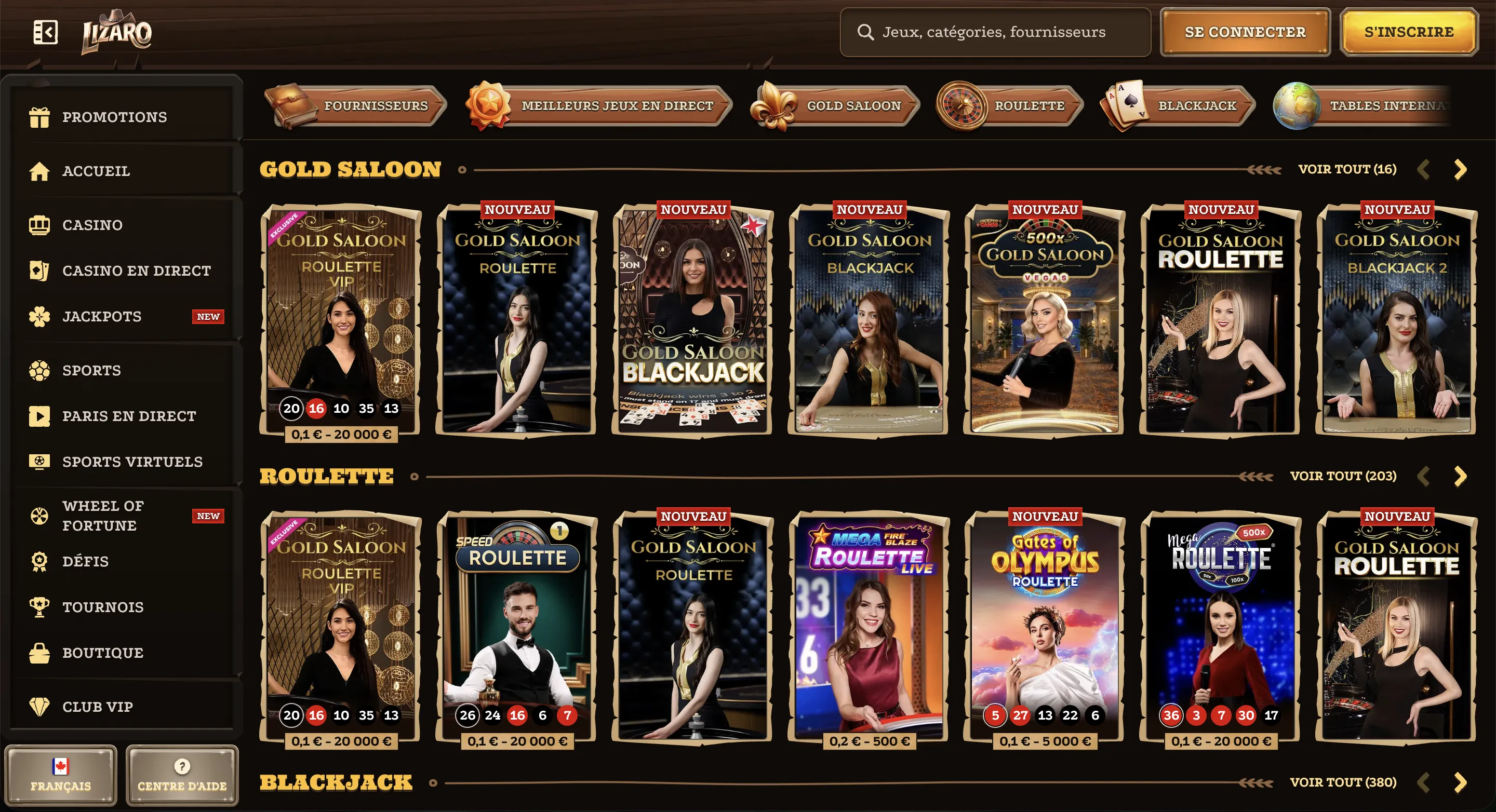 Lizaro Live Casino jeux en direct